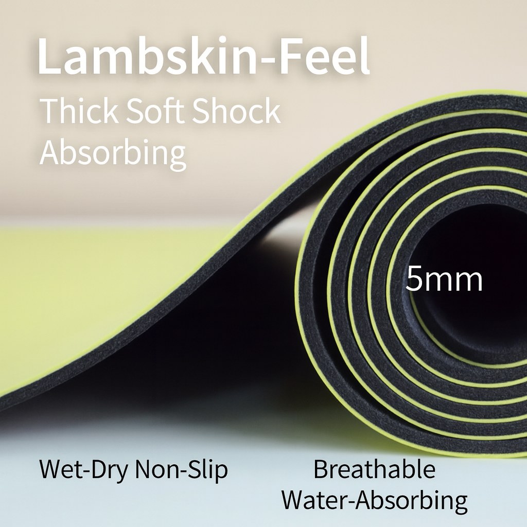 Close-up of PU yoga mat surface and rubber cushioning layers