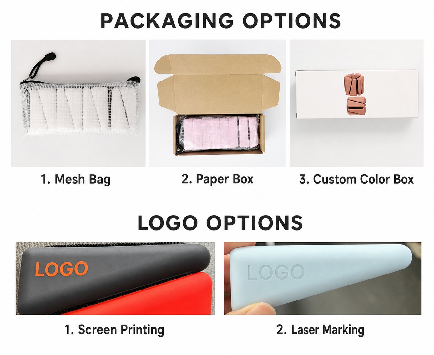 Packaging and logo options showing mesh bag paper box color box screen printing and laser marking