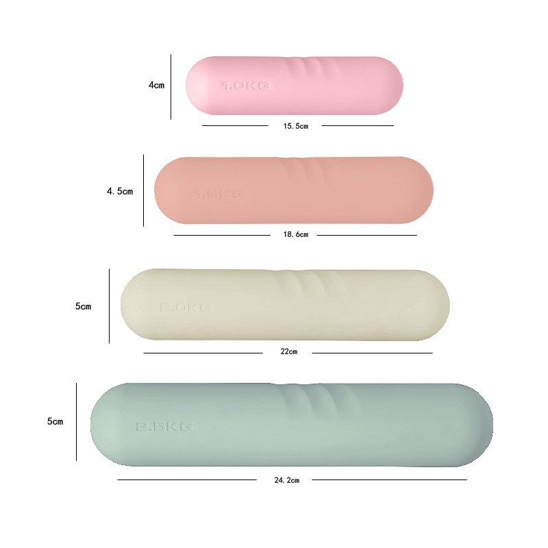 Style E silicone dumbbells with size and weight dimensions