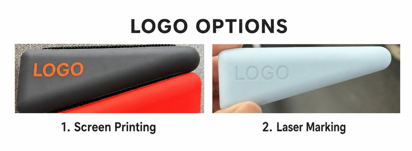 Screen printed LOGO and laser marked LOGO effects on silicone products