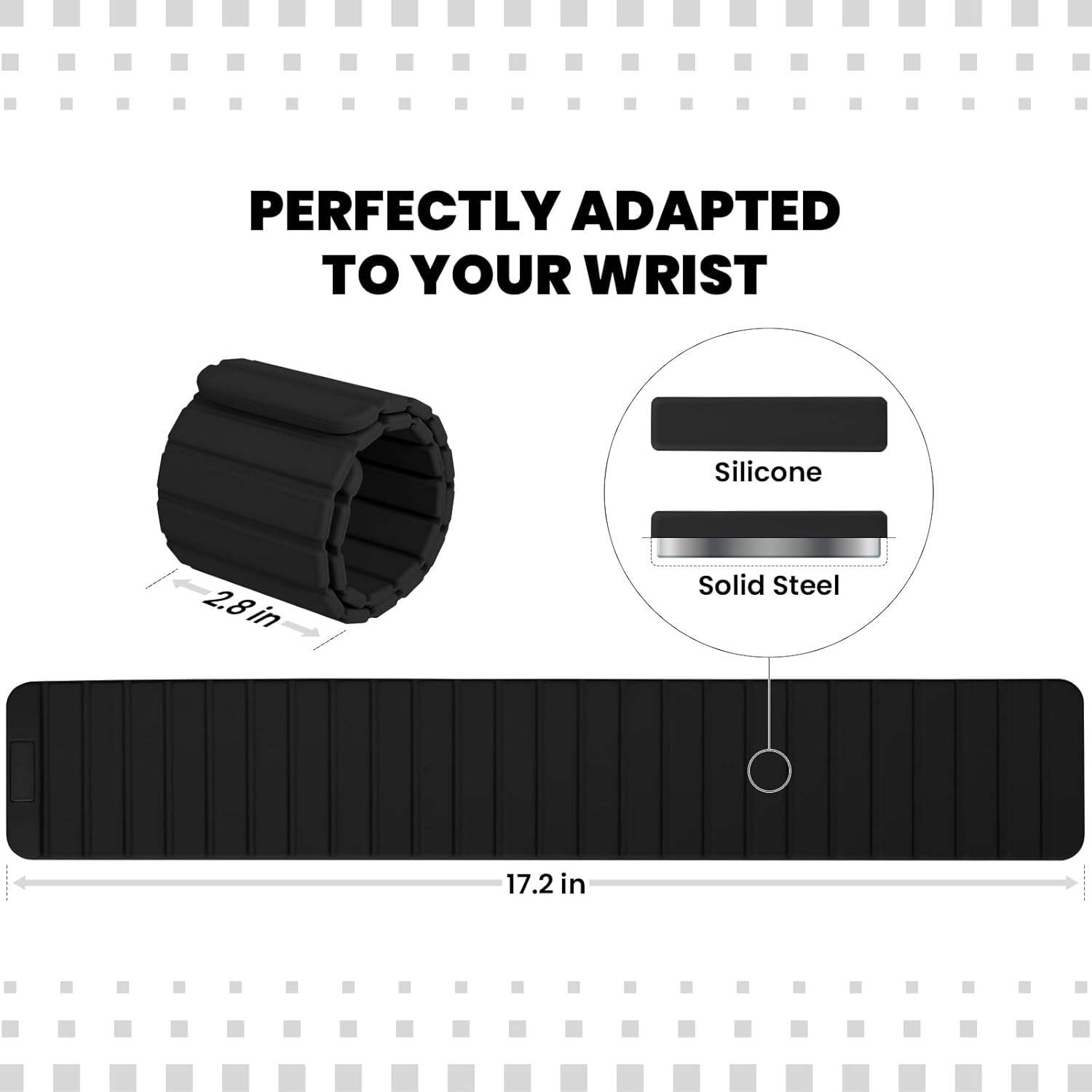 Magnetic silicone wrist weight construction and dimensions