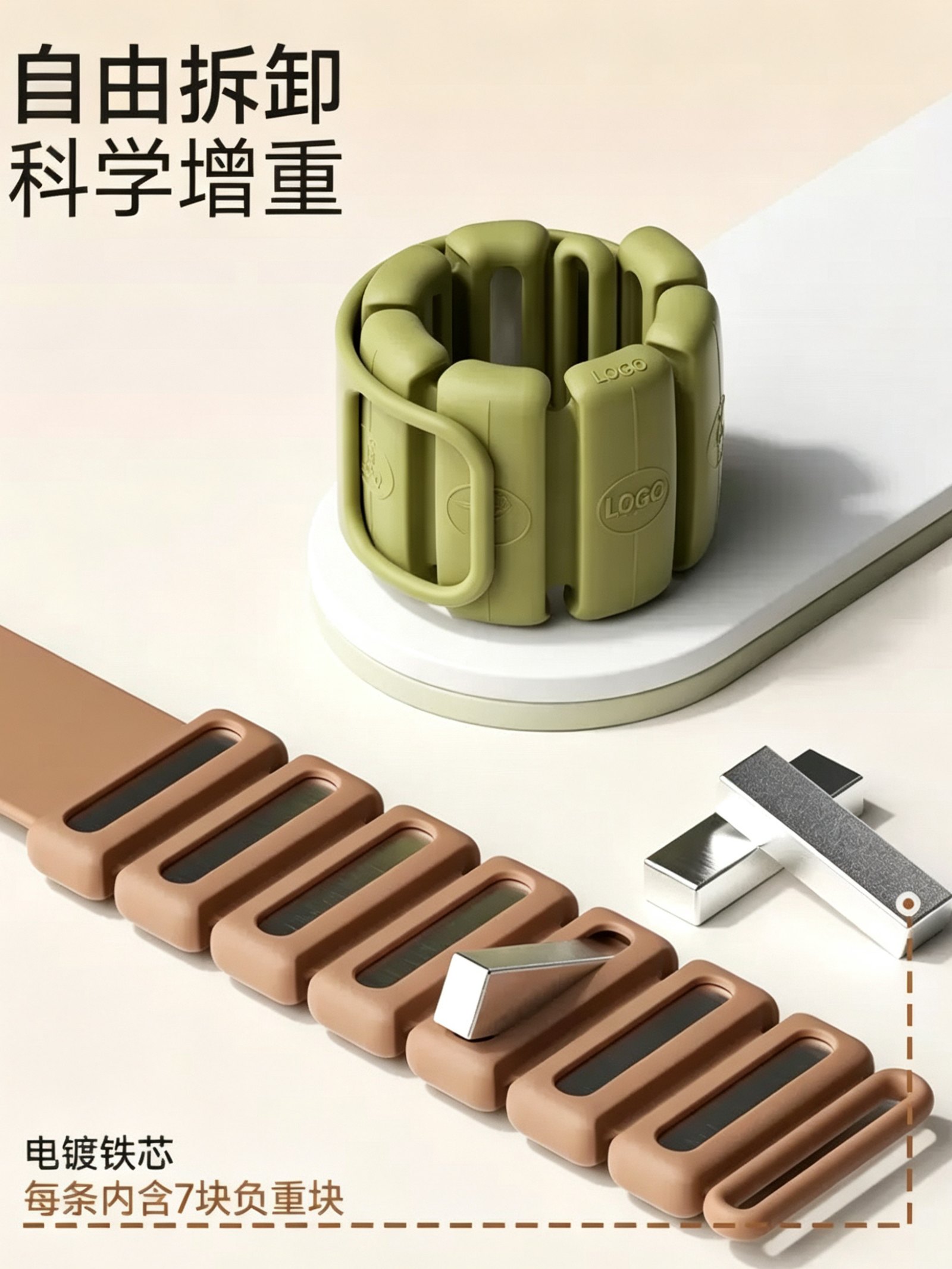 Removable plated iron blocks inside adjustable silicone wrist and ankle weight