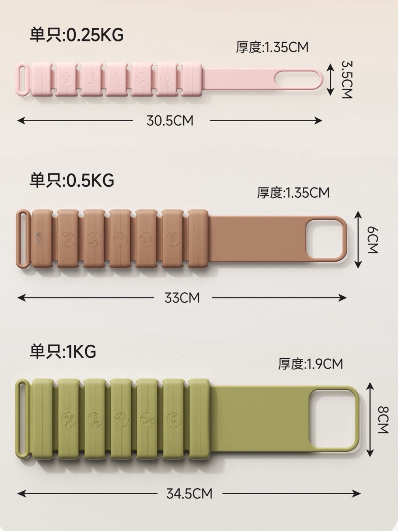 Adjustable silicone wrist ankle weight size chart for 0.25 kg 0.5 kg and 1 kg single weights