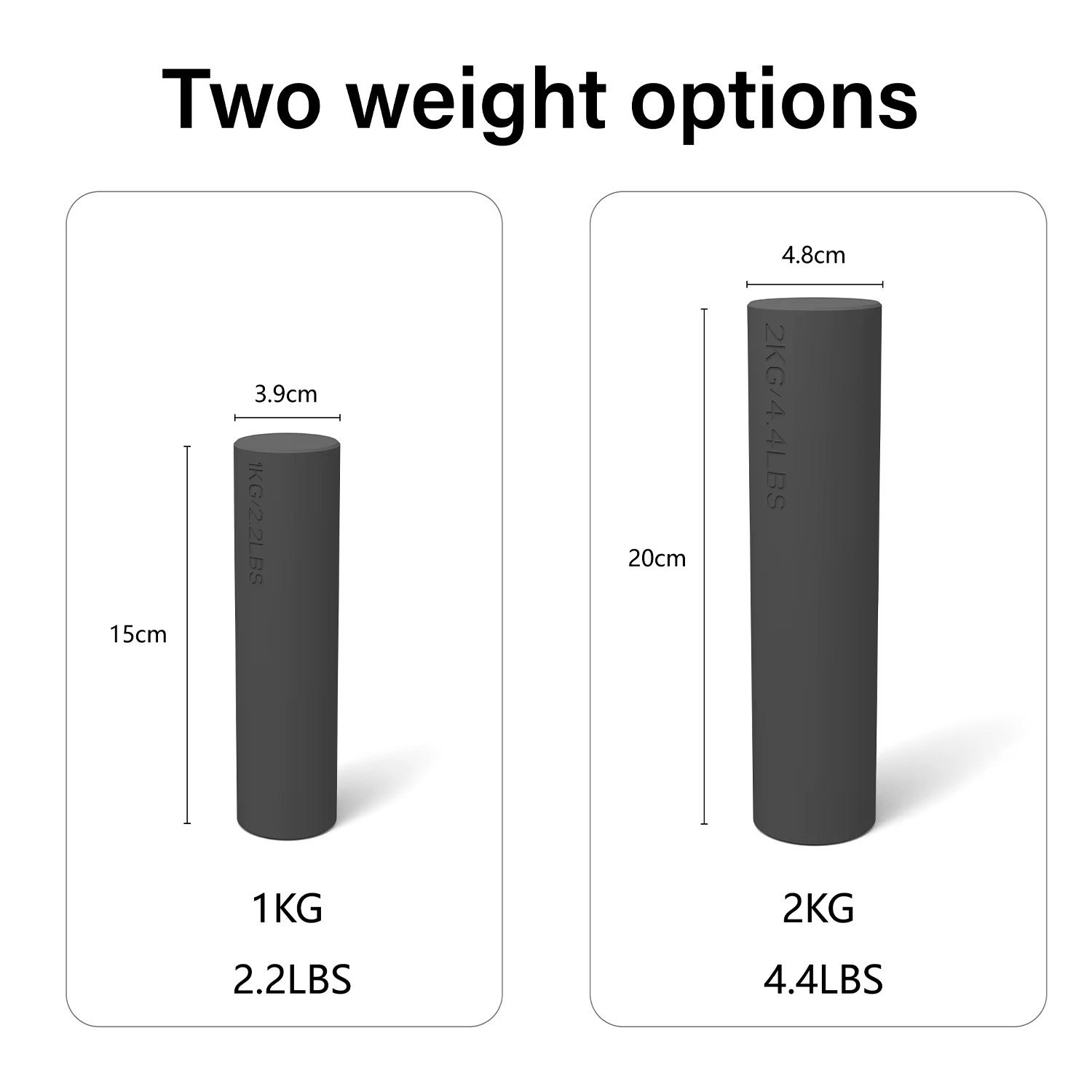Flat-end silicone dumbbell size chart for 1 kg and 2 kg weights