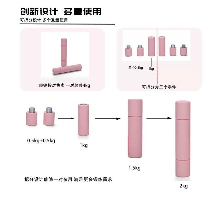 Adjustable magnetic silicone dumbbell detail showing 0.5 kg, 1 kg, 1.5 kg and 2 kg settings