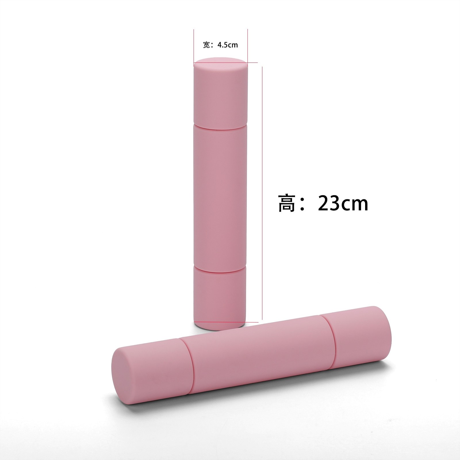 Magnetic adjustable silicone dumbbell size chart showing 23 cm height and 4.5 cm diameter