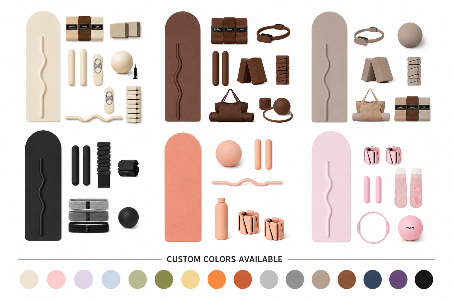 Coordinated fitness collection with yoga mats, silicone wrist weights and Pilates accessories in custom colors