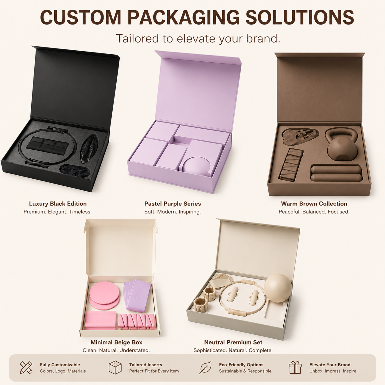 Custom gift box packaging options for private label Pilates and fitness products