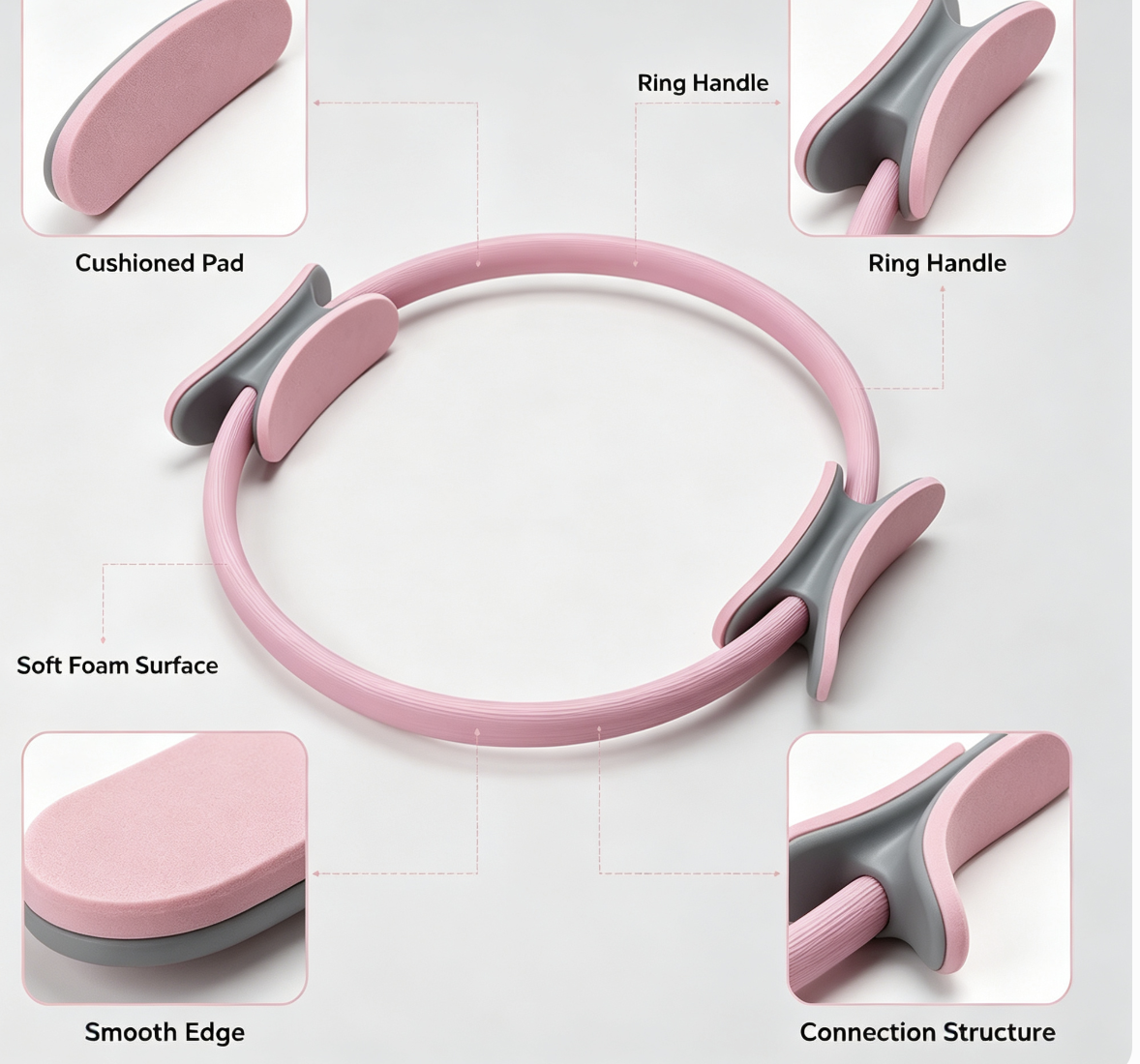 Pink Pilates ring showing cushioned pads, smooth edges and handle construction