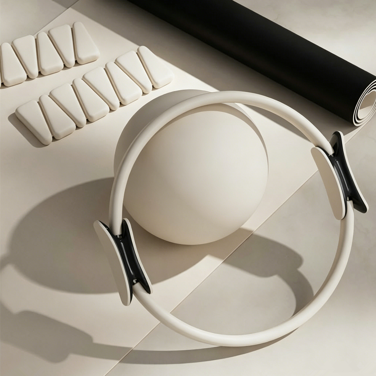 White Pilates ring arranged with neutral studio equipment