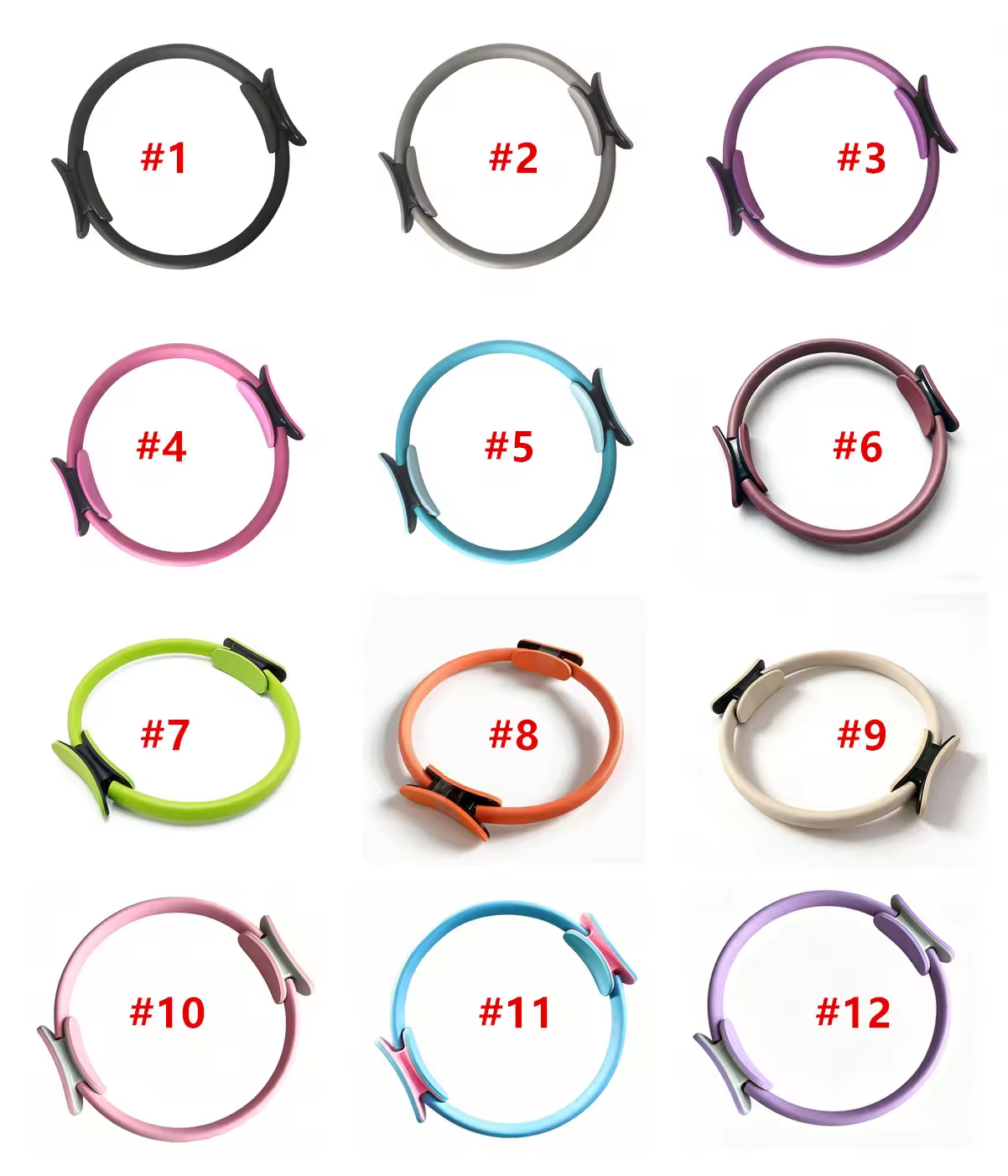 Twelve available color combinations for PP and NBR Pilates rings